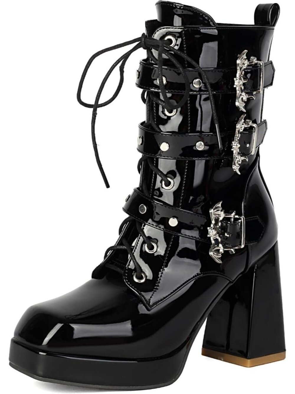 Women's Patent Moto Black Buckle Rivets Block Heel Round Toe Zipper Ankle Boots